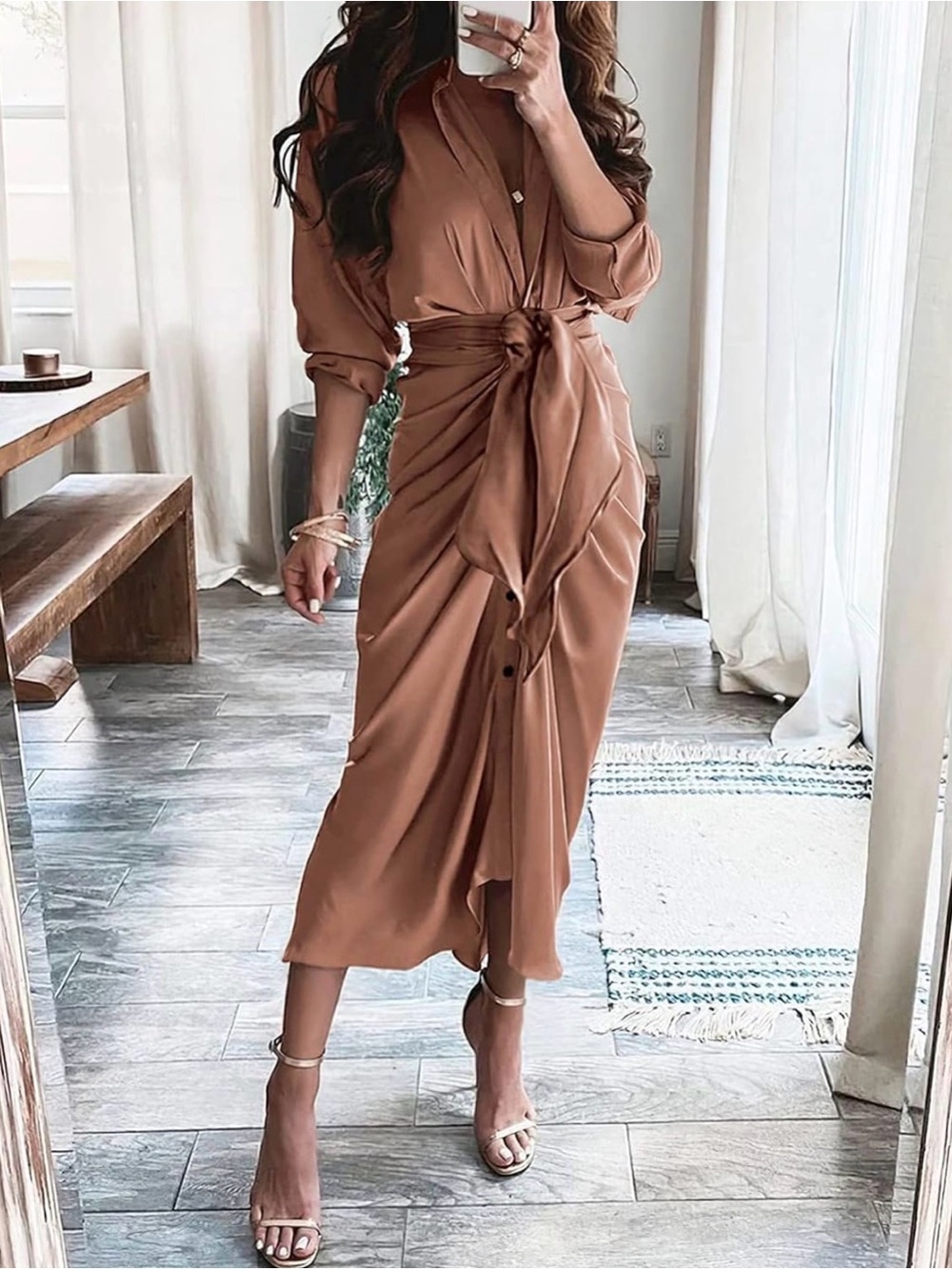 BTFBM Rust Satin Button Front Tie Waist Midi Dress Size M
